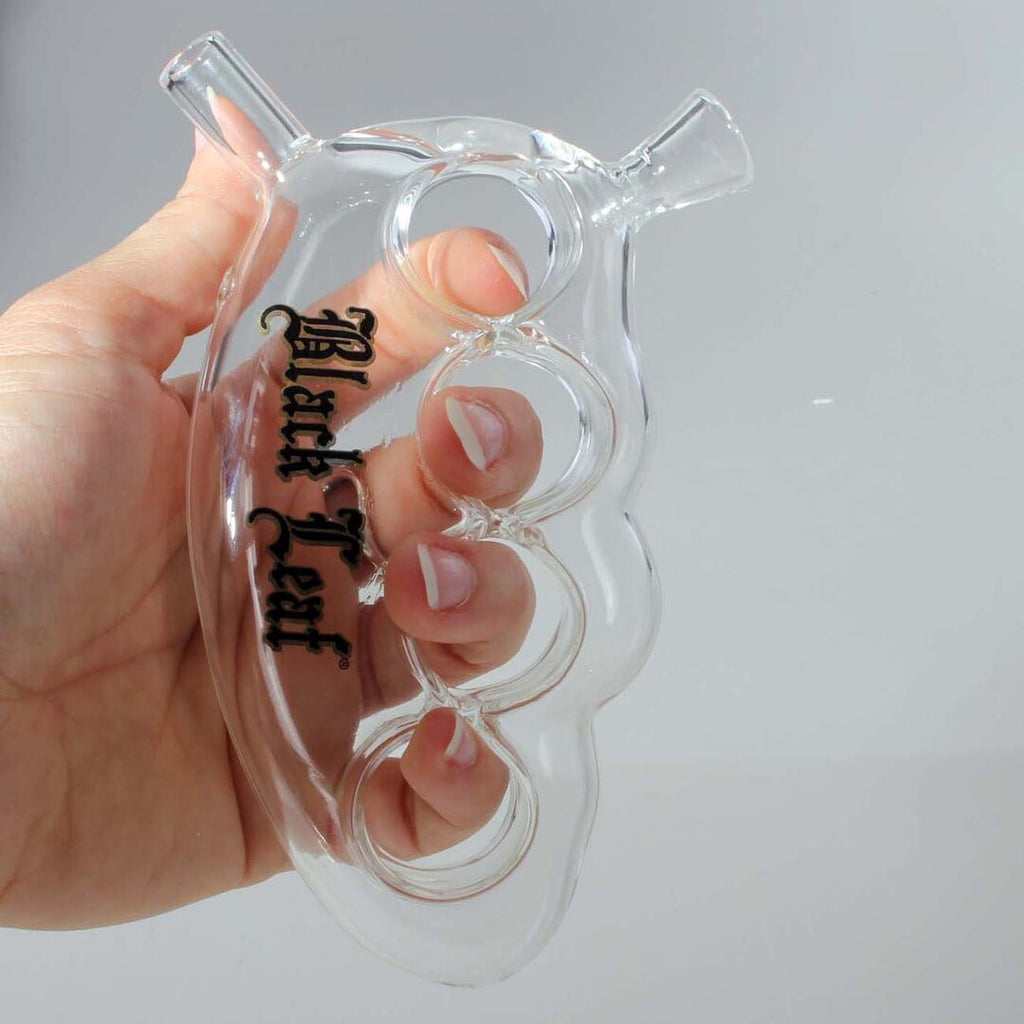 Black Leaf Knuckle-Duster Handpfeife aus Borosilikatglas in Metalldose