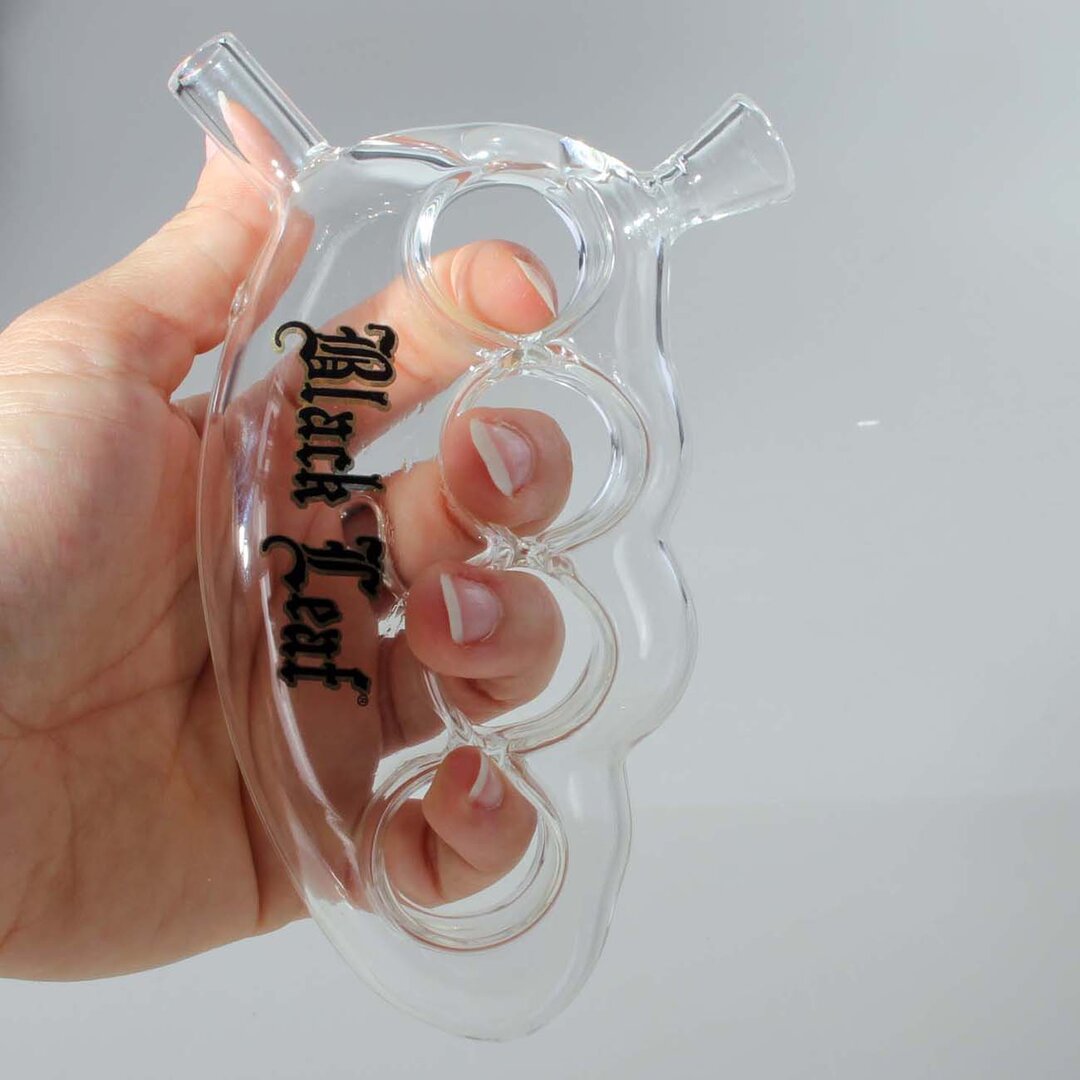 Black Leaf Knuckle-Duster Handpfeife aus Borosilikatglas in Metalldose
