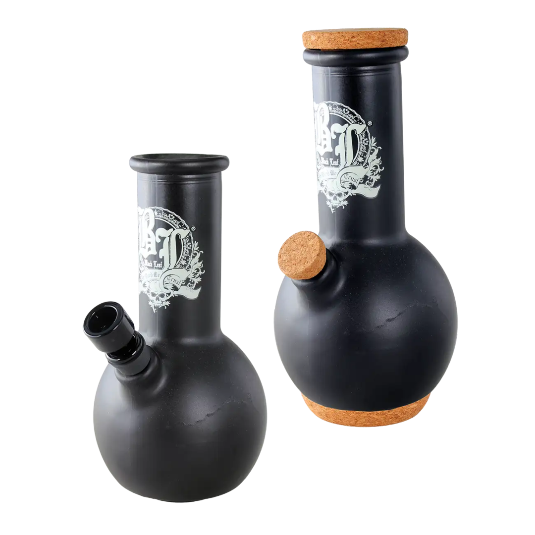Black Leaf bauchige Glas-Wasserpfeife aus mattschwarzem Glas mit Korkuntersetzer