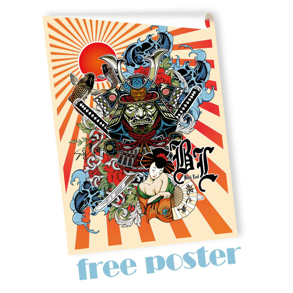 Black Leaf Zylinder-Glas-Wasserpfeife Ronin & Geisha im Metallic-Print