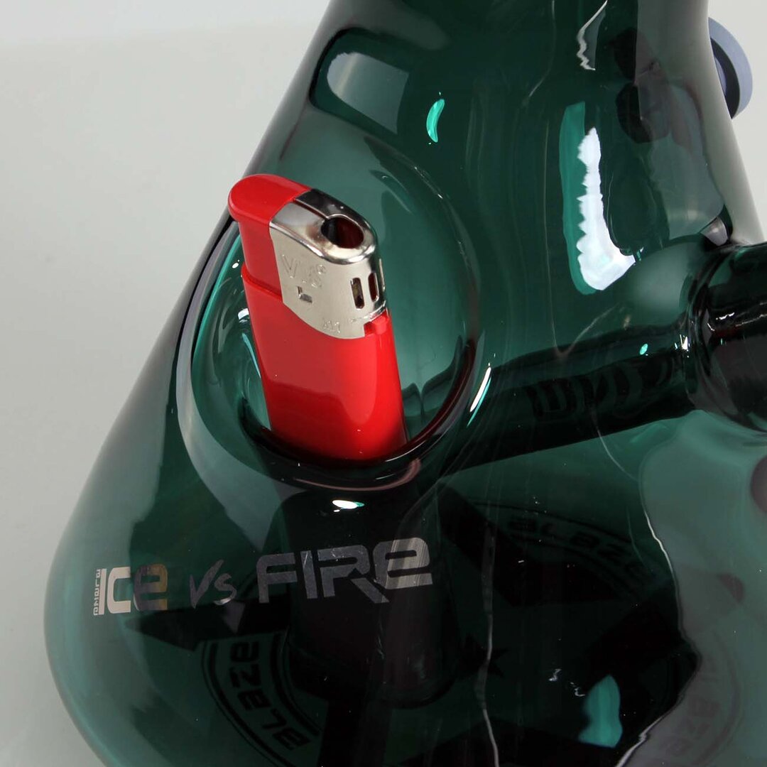 Blaze Ice vs. Fire Beaker-Wasserpfeife in Blau mit Feuerzeugfach, 310 mm hoch