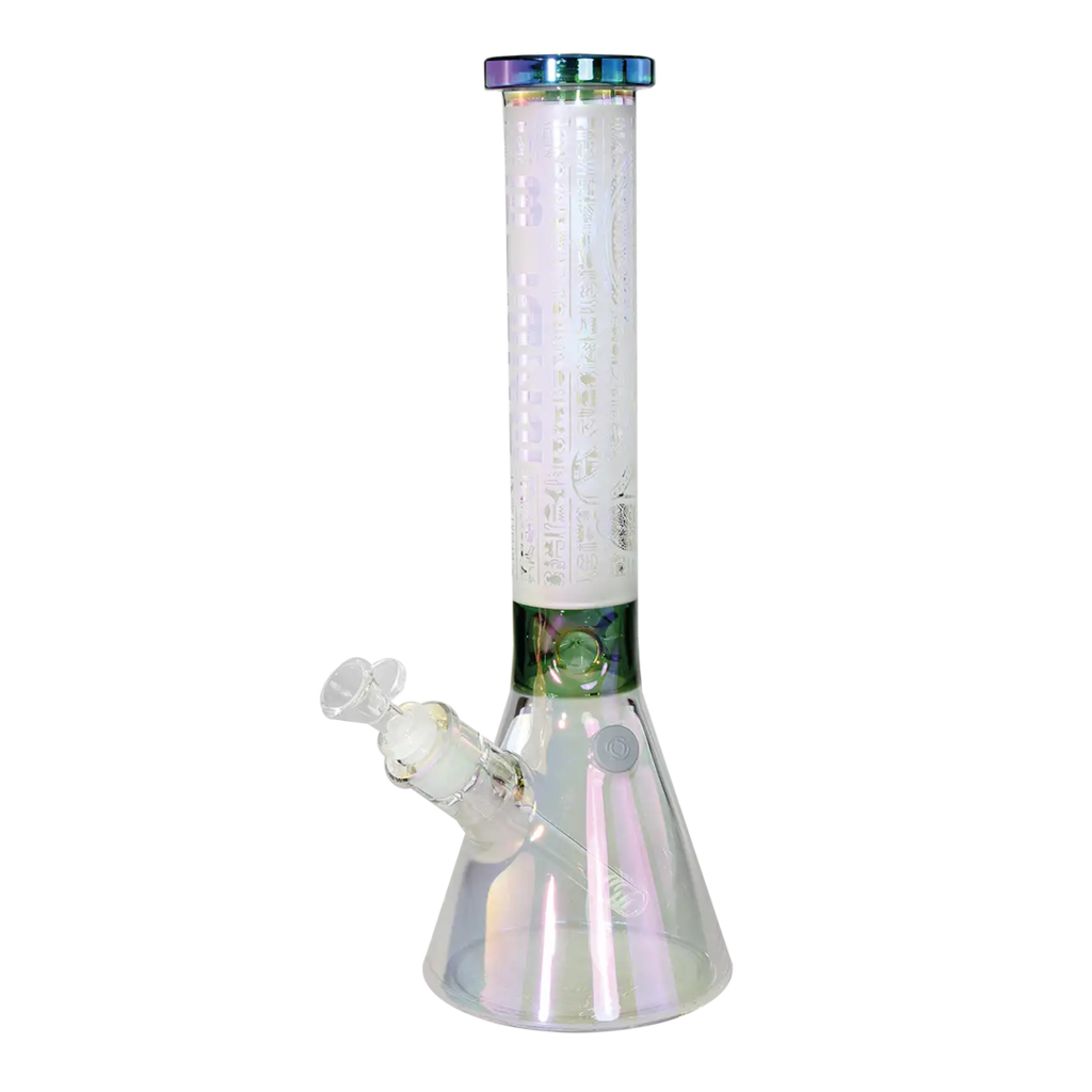 Blaze Sphinx Beaker-Wasserpfeife aus Glas mit sandgestrahltem Motiv und Icekammer, 370 mm hoch