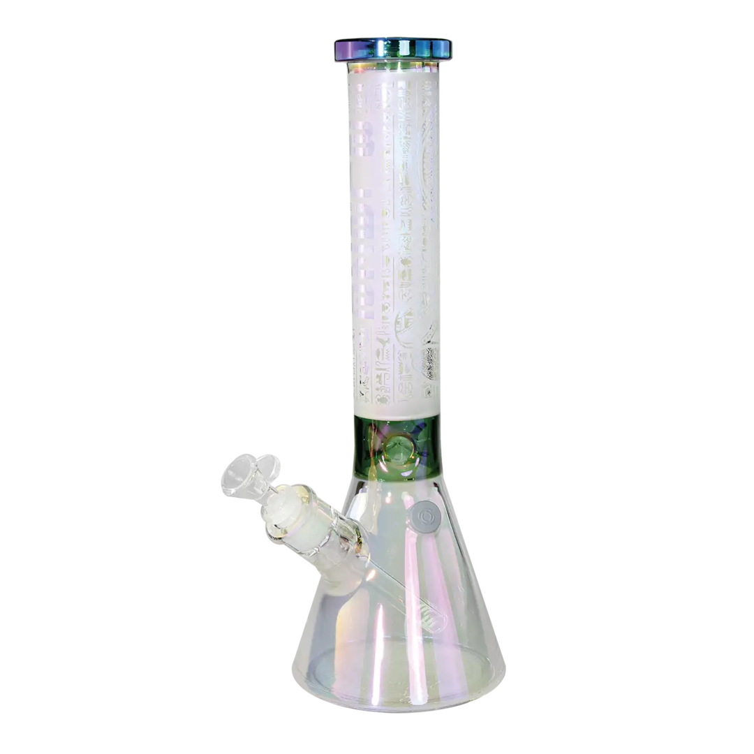 Blaze Sphinx Beaker-Wasserpfeife aus Glas mit sandgestrahltem Motiv und Icekammer, 370 mm hoch