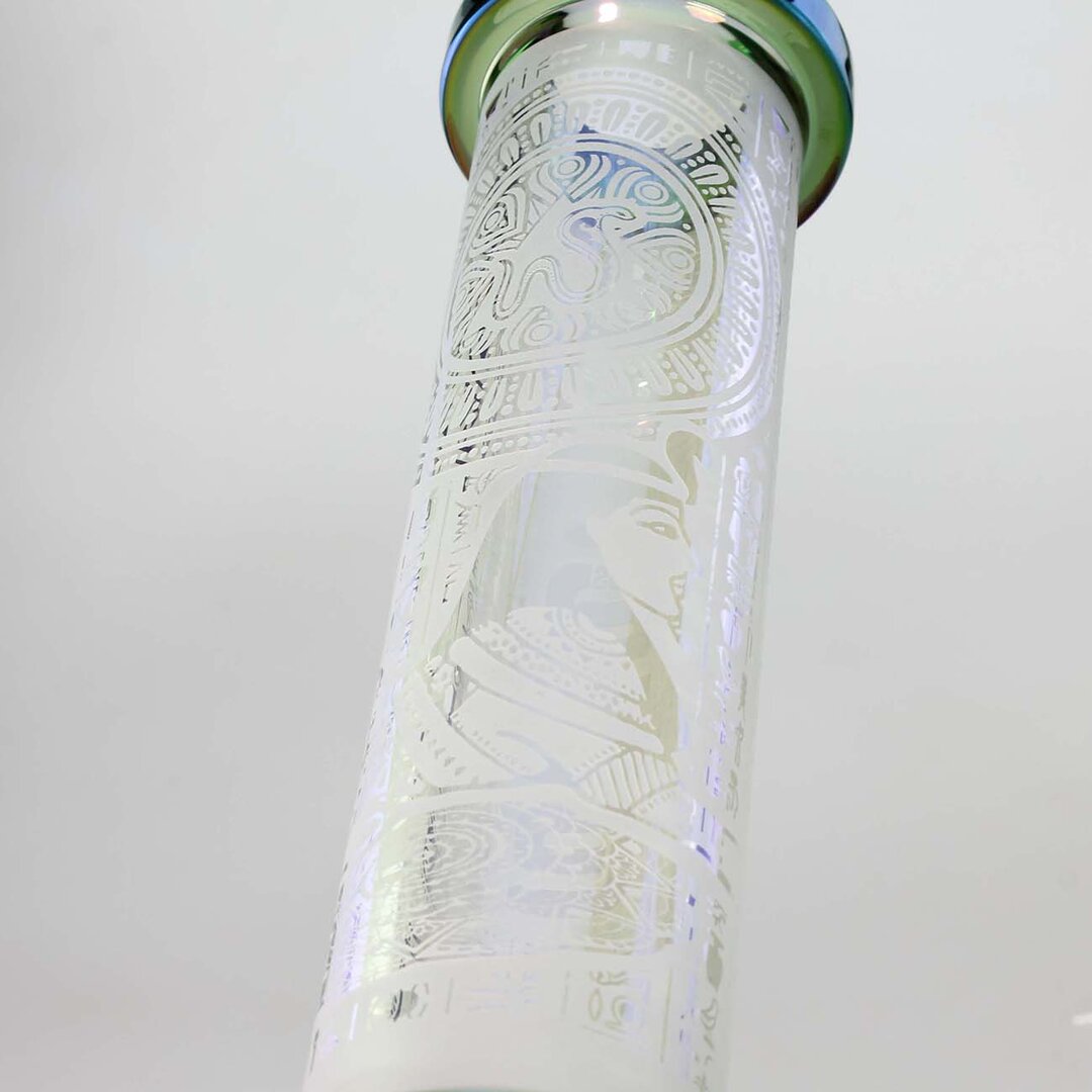 Blaze Sphinx Beaker-Wasserpfeife aus Glas mit sandgestrahltem Motiv und Icekammer, 370 mm hoch