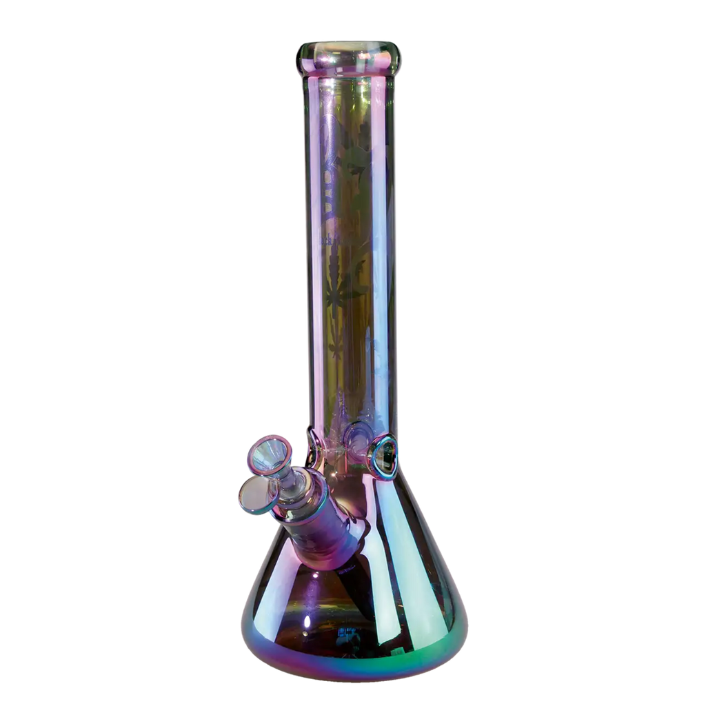 Black Leaf Beaker-Wasserpfeife aus blaulila Glas mit Regenbogeneffekt und Icekammer, 345 mm hoch