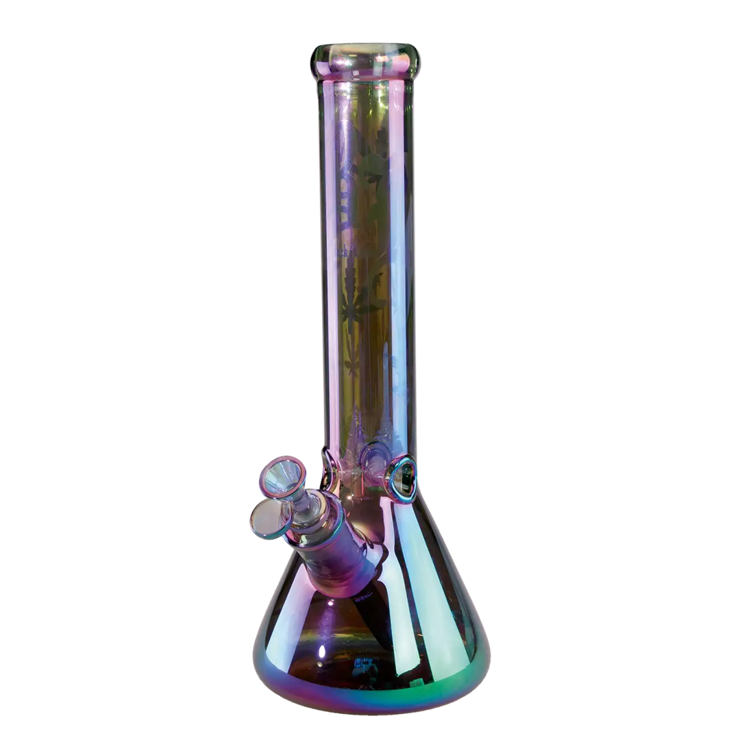 Black Leaf Beaker-Wasserpfeife aus blaulila Glas mit Regenbogeneffekt und Icekammer, 345 mm hoch