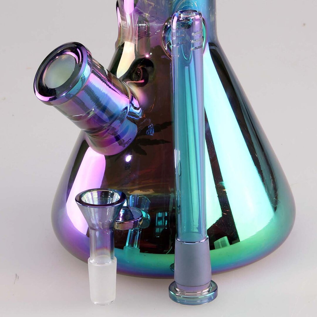 Black Leaf Beaker-Wasserpfeife aus blaulila Glas mit Regenbogeneffekt und Icekammer, 345 mm hoch