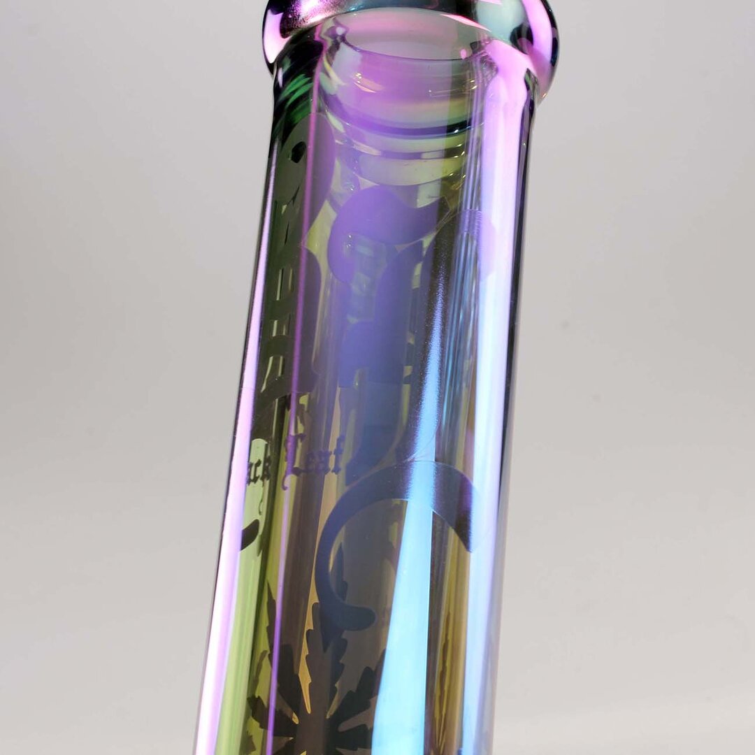 Black Leaf Beaker-Wasserpfeife aus blaulila Glas mit Regenbogeneffekt und Icekammer, 345 mm hoch