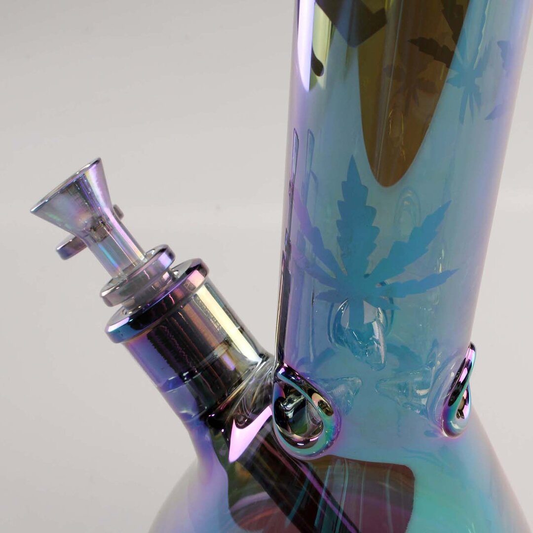 Black Leaf Beaker-Wasserpfeife aus blaulila Glas mit Regenbogeneffekt und Icekammer, 345 mm hoch