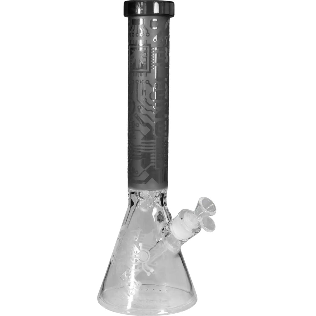 Blaze Beaker-Wasserpfeife aus Glas in Grau mit sandgestrahltem Muster und Icekammer, 380 mm hoch
