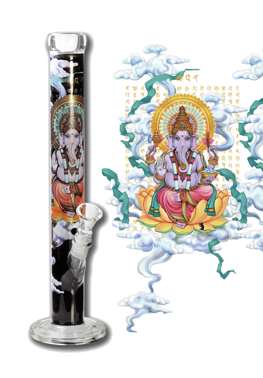 Black Leaf Glas-Wasserpfeife Ganesha Rising mit All-Over-Print auf schwarzem Hintergrund