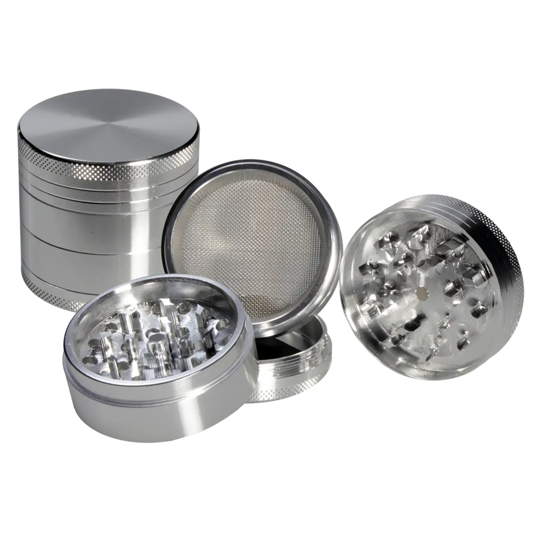 Black Leaf Alu-Kräutermühle 4-teilig in Silber mit konkavem Mahlwerk