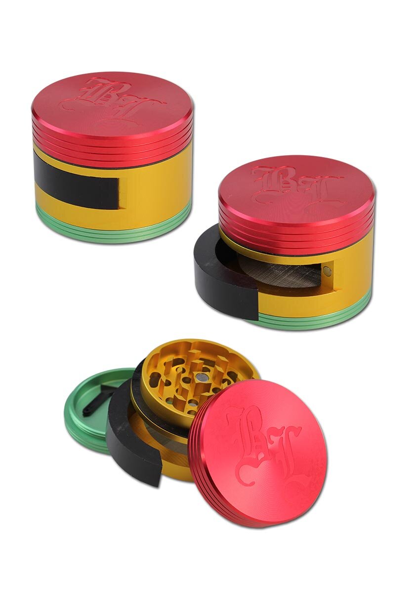 Dreiteilige Alu-Kräutermühle DOOOR von Black Leaf in Rasta-Farben