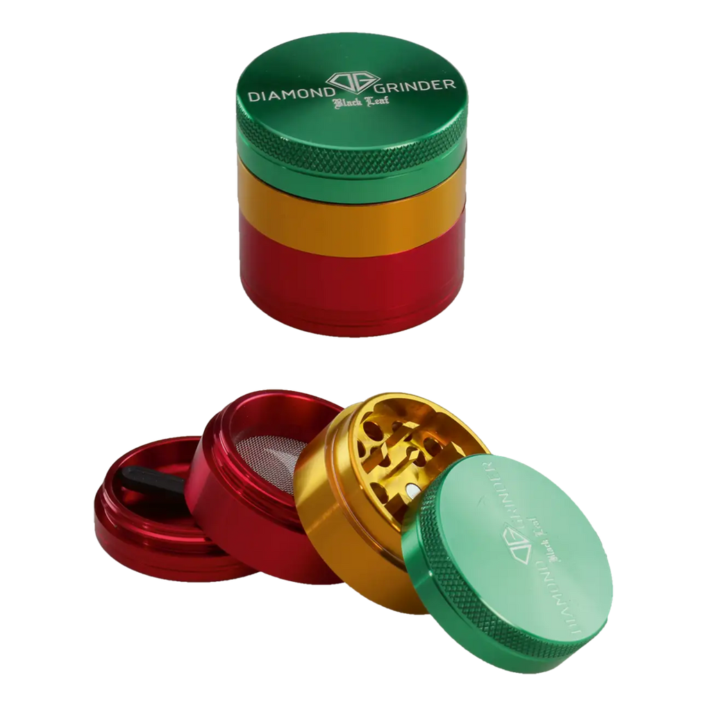 Black Leaf Diamond Kräutermühle im Rasta-Design aus Aluminium, vierteilig