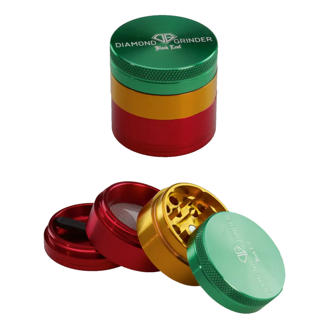Black Leaf Diamond Kräutermühle im Rasta-Design aus Aluminium, vierteilig