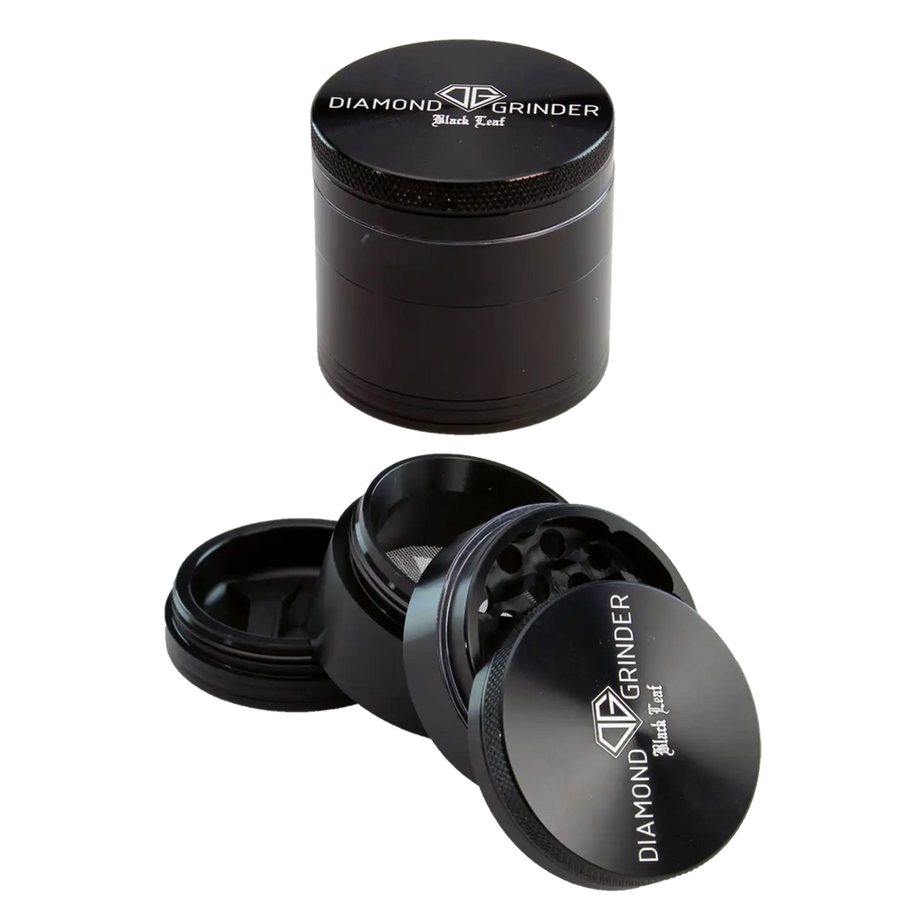 Black Leaf Diamond Kräutermühle 4-teilig aus Flugzeugaluminium in Schwarz