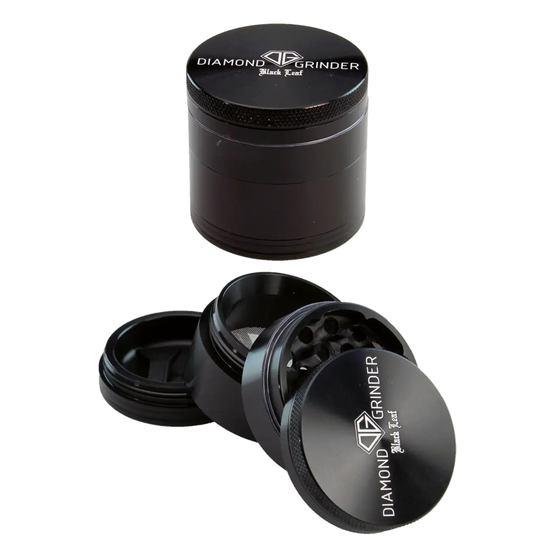 Black Leaf Diamond Kräutermühle 4-teilig aus Flugzeugaluminium in Schwarz