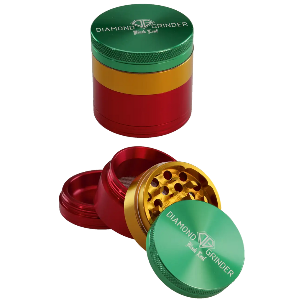 Black Leaf Diamond Kräutermühle 4-teilig aus Flugzeugaluminium im Rasta-Design