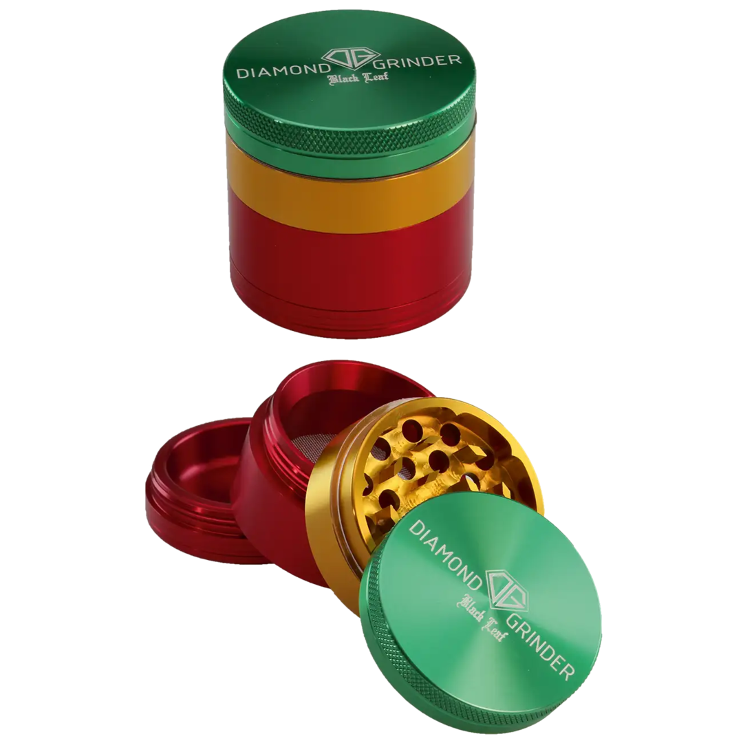 Black Leaf Diamond Kräutermühle 4-teilig aus Flugzeugaluminium im Rasta-Design