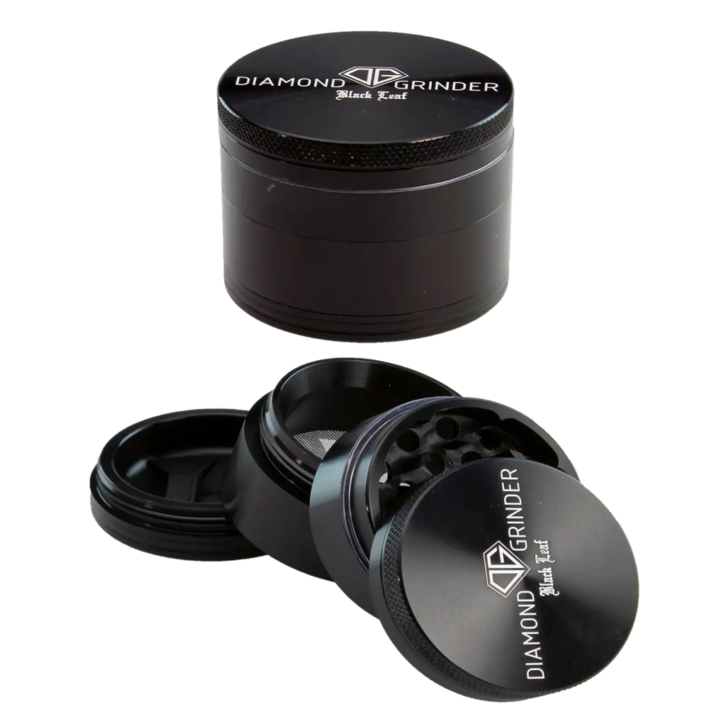Black Leaf Diamond Kräutermühle aus schwarzem Flugzeugaluminium, vierteilig