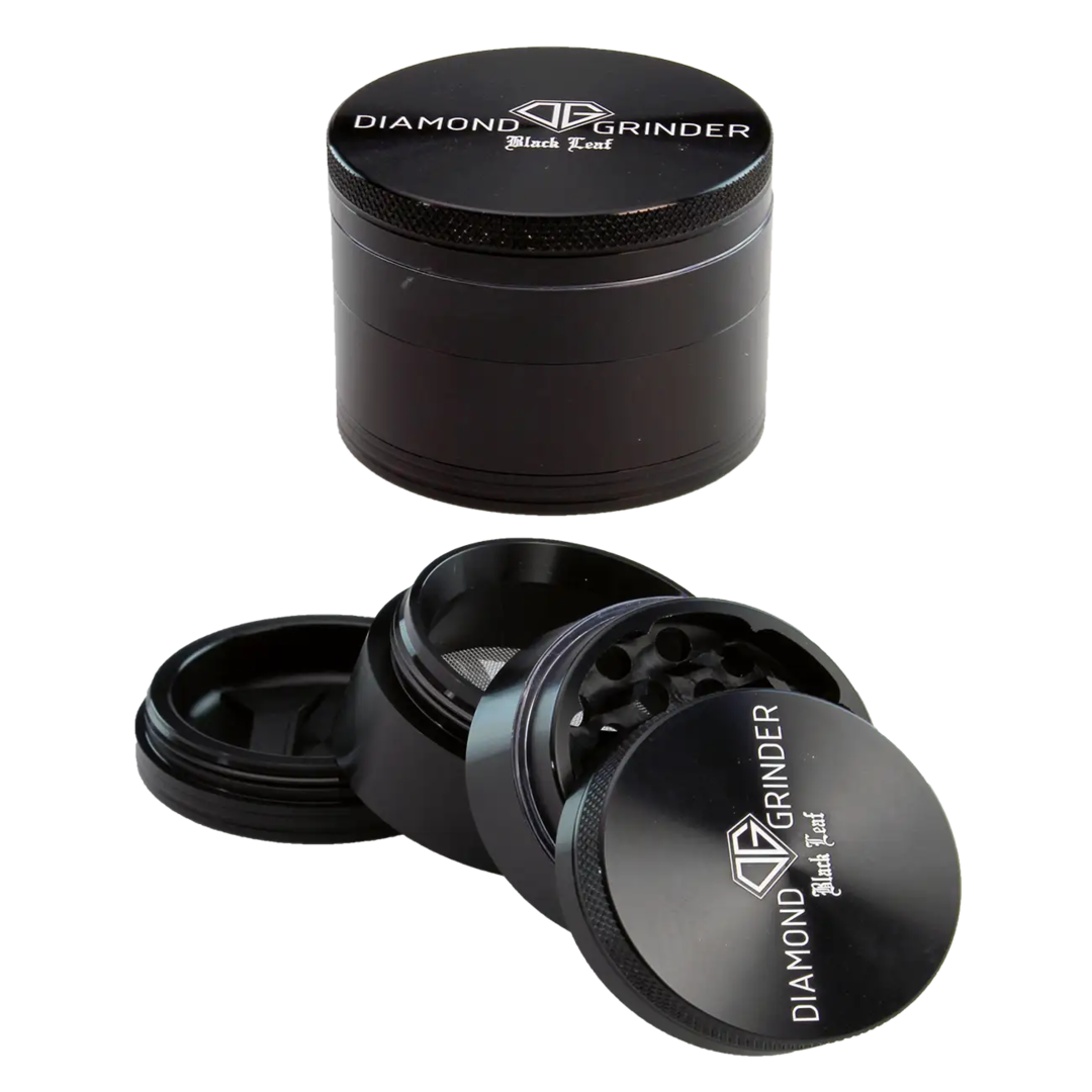 Black Leaf Diamond Kräutermühle aus schwarzem Flugzeugaluminium, vierteilig