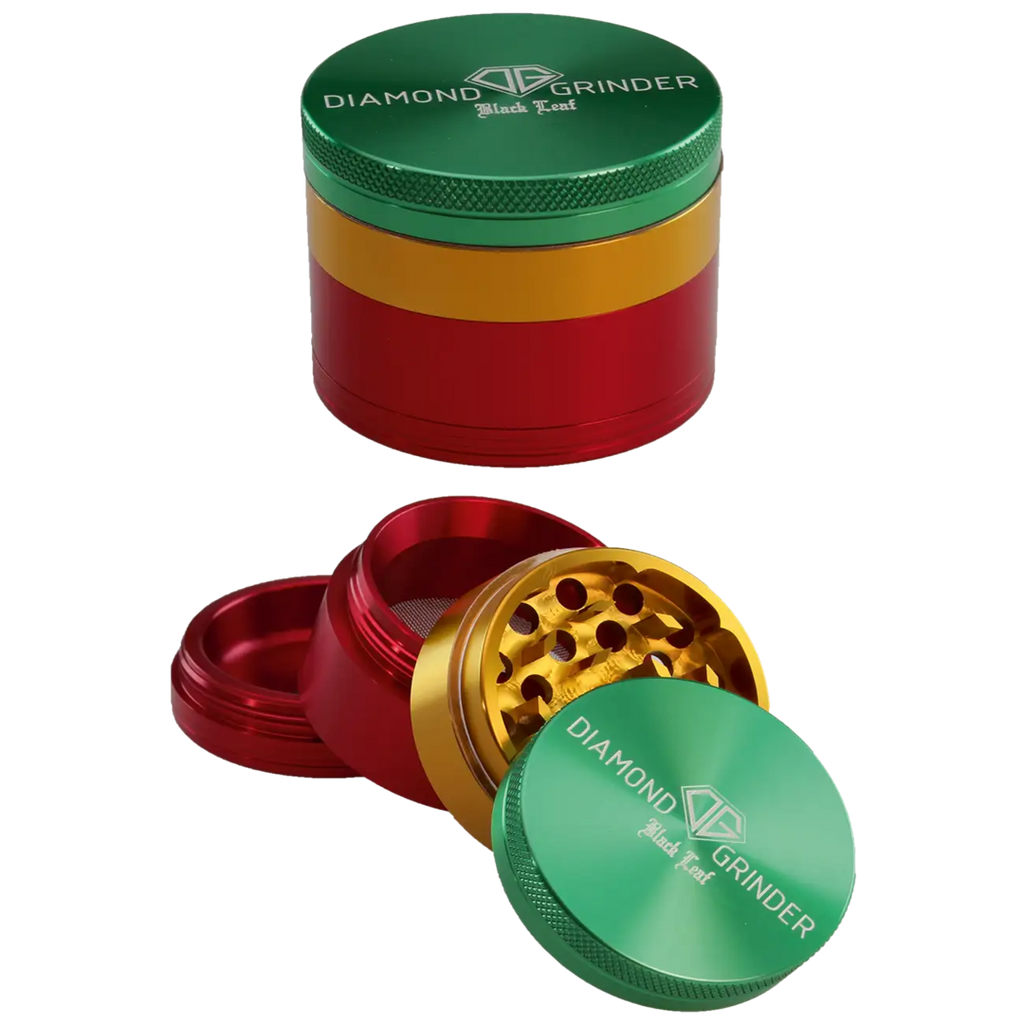 Black Leaf Diamond Kräutermühle im Rasta-Design aus Flugzeugaluminium