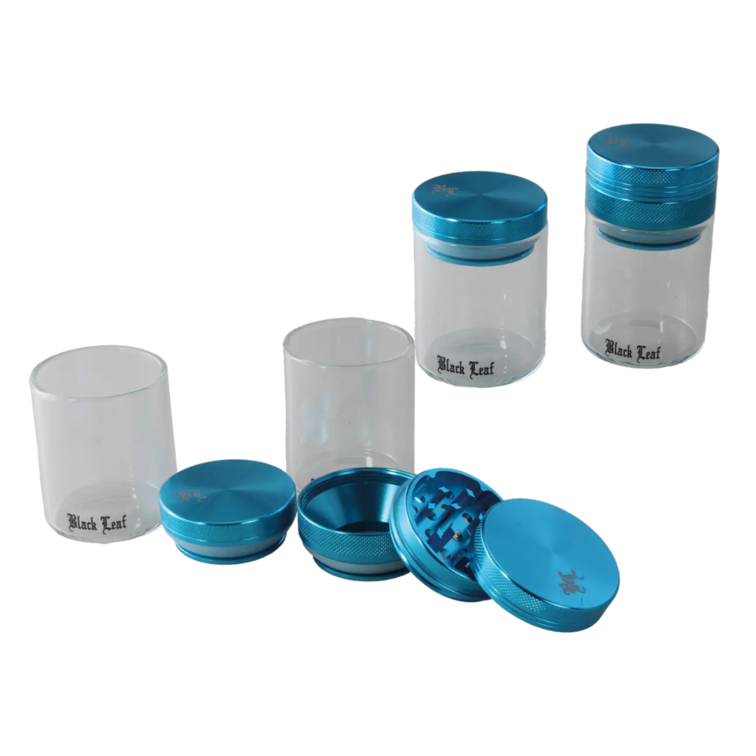 Black Leaf Alu-Kräutermühle in Blau mit Vorratsglas, dreiteilig