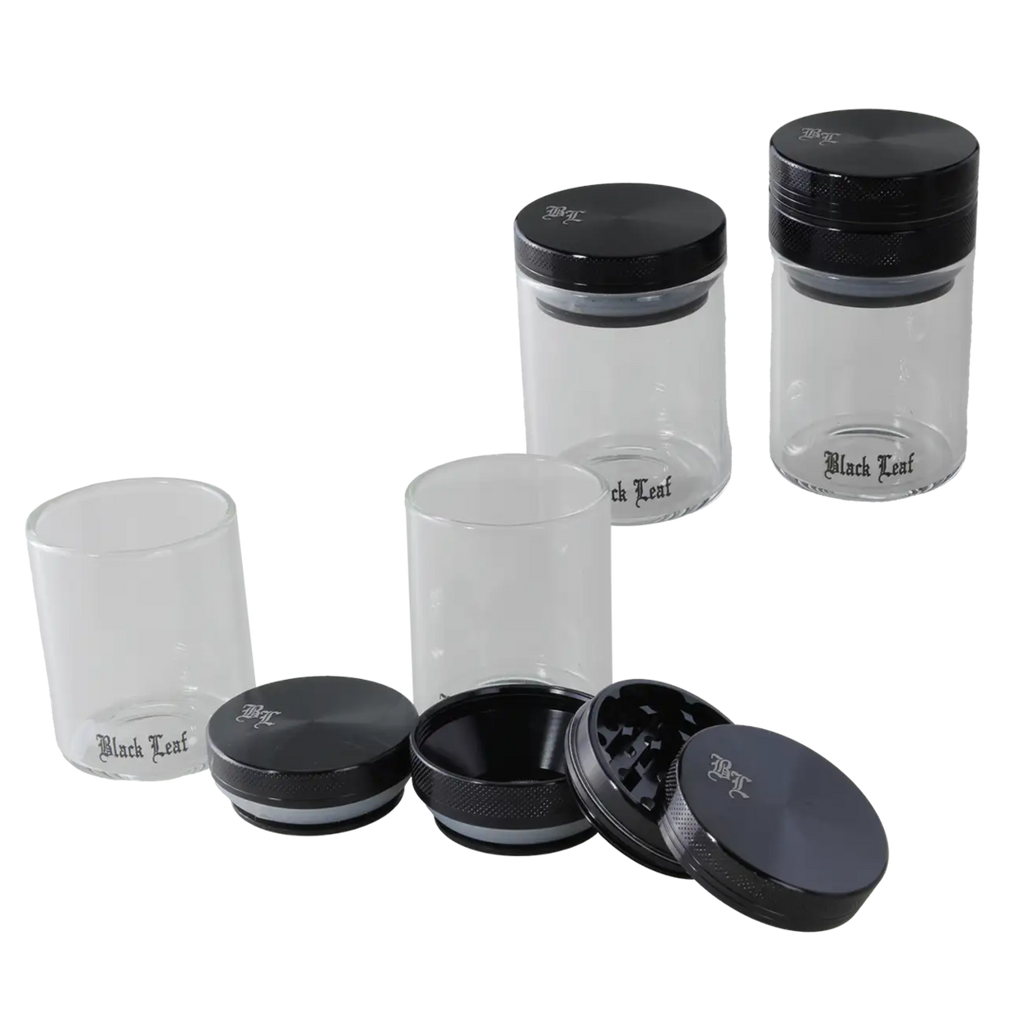 Dreiteilige Alu-Kräutermühle von Black Leaf in Schwarz mit Vorratsglas