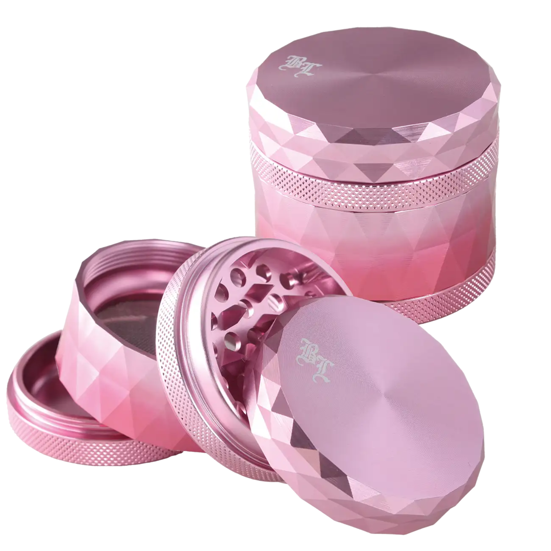 Black Leaf Alu-Kräutermühle mit changierendem Polyedermuster in Pink-Rot