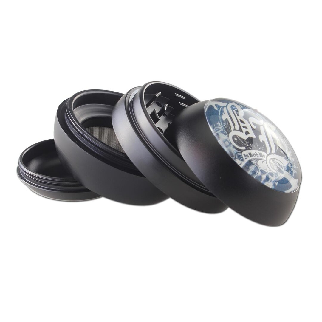Black Leaf SPHERE Kräutermühle 4-teilig in Schwarz mit Glaskuppel aus Aluminium