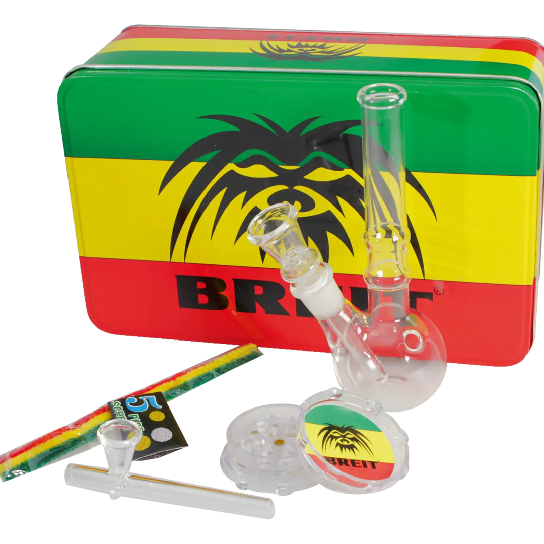 BREIT Mini-Wasserpfeifen-Set in Metalldose im Rasta-Design