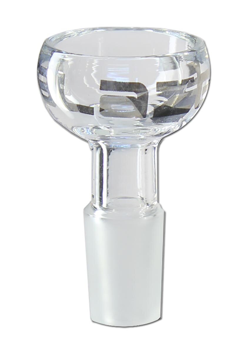 Flacher klarer Glaskopf von Blaze Glass mit silbernem Logo, Normschliff NS 19