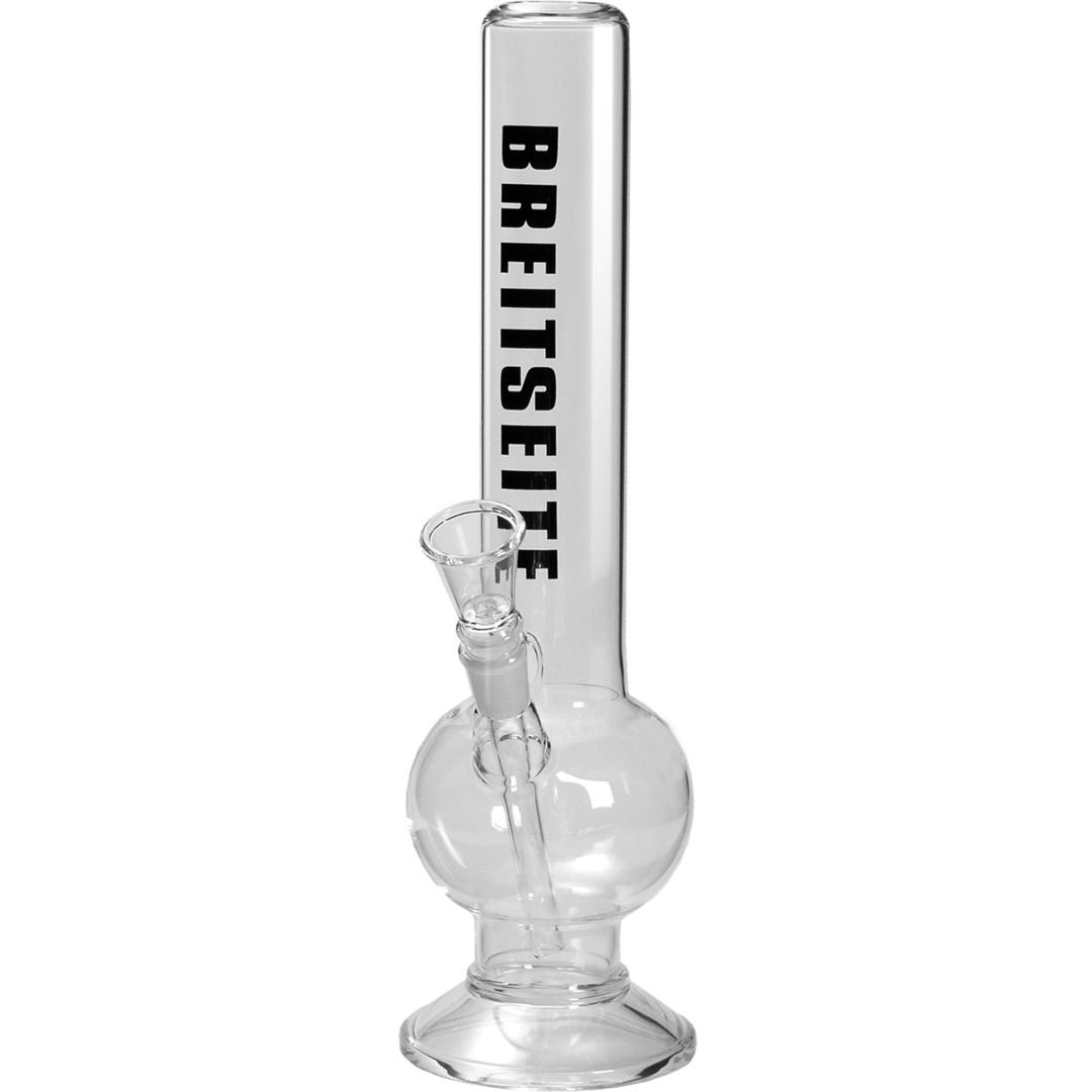 Breitseite Glas-Wasserpfeife mit schwarzem Schriftzug auf dem Ansatzrohr, 400 mm hoch