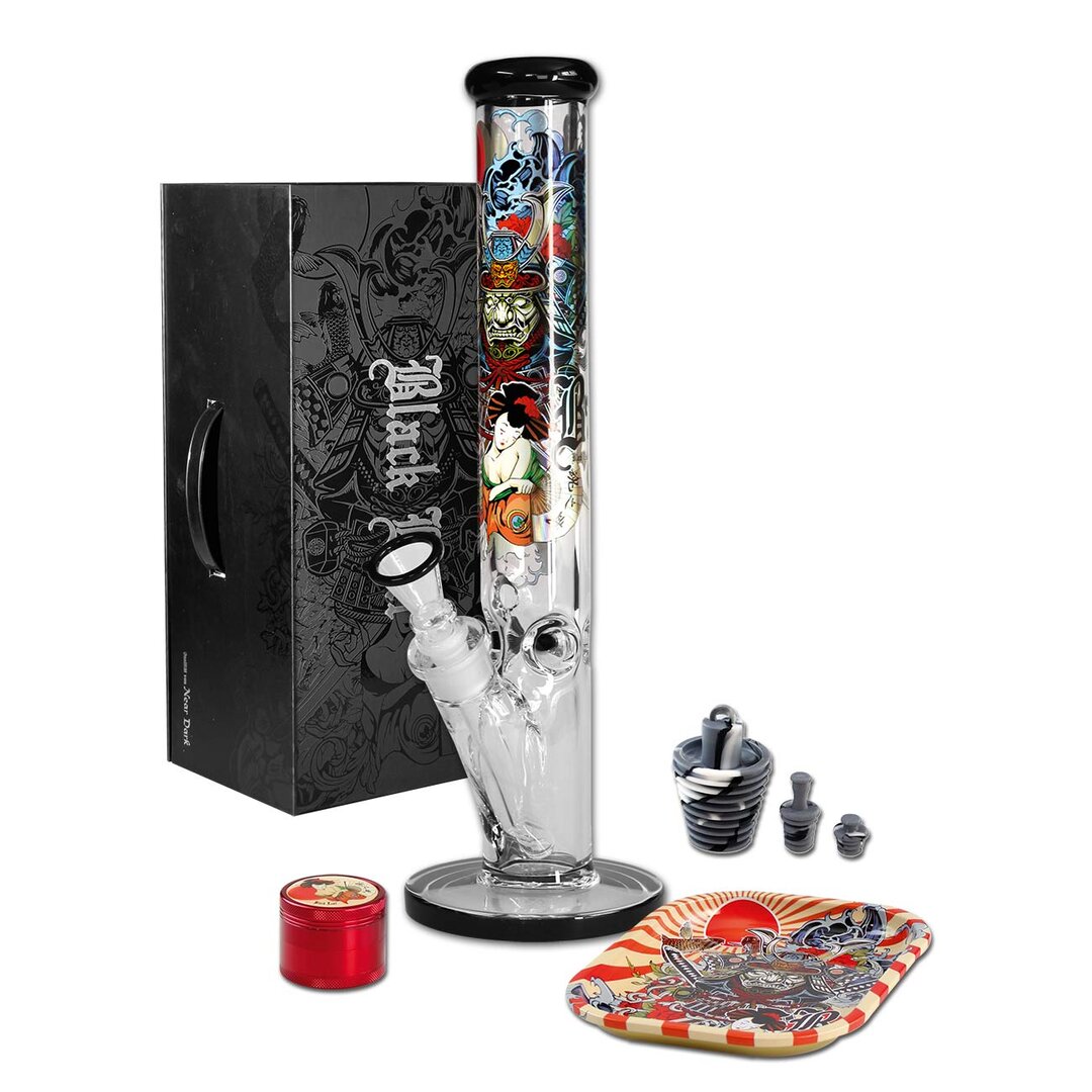 Black Leaf Ronin & Geisha Koffer-Set mit Glas-Wasserpfeife im Metallic-Print